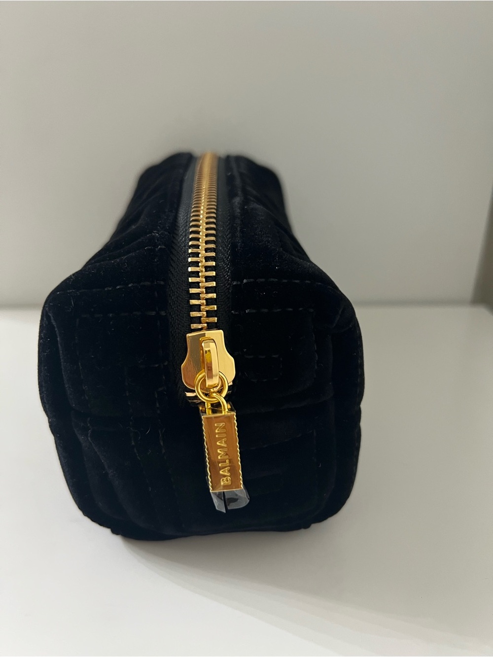 Balmain Black Quilted Velvet Cosmetic Pouch with Gold Hardware - Picture 2 of 10